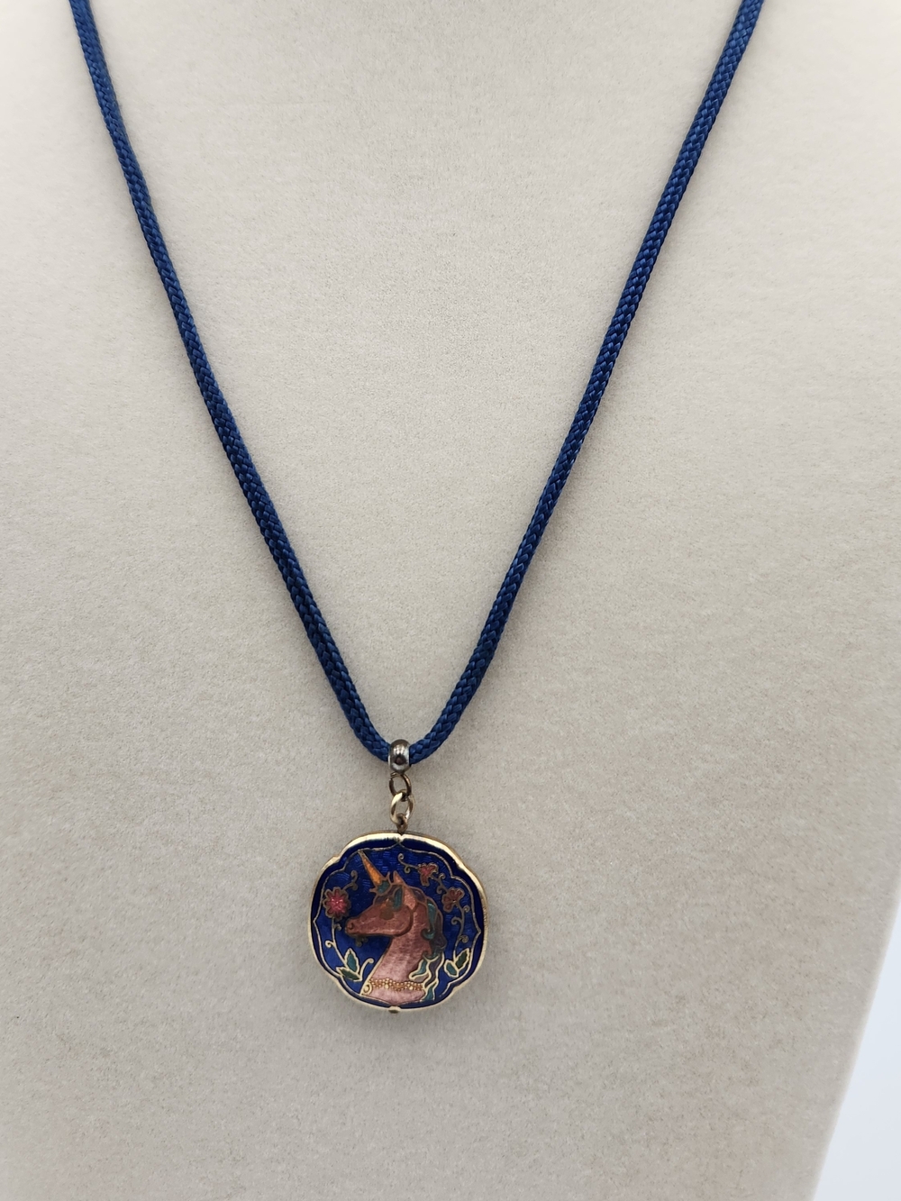 Vintage Blue Cloisonné Unicorn Pendant Necklace